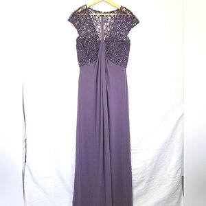 Tadashi Shoji Illusion Bodice Purple Draped Jersey Beaded Lace Gown Maxi Dress